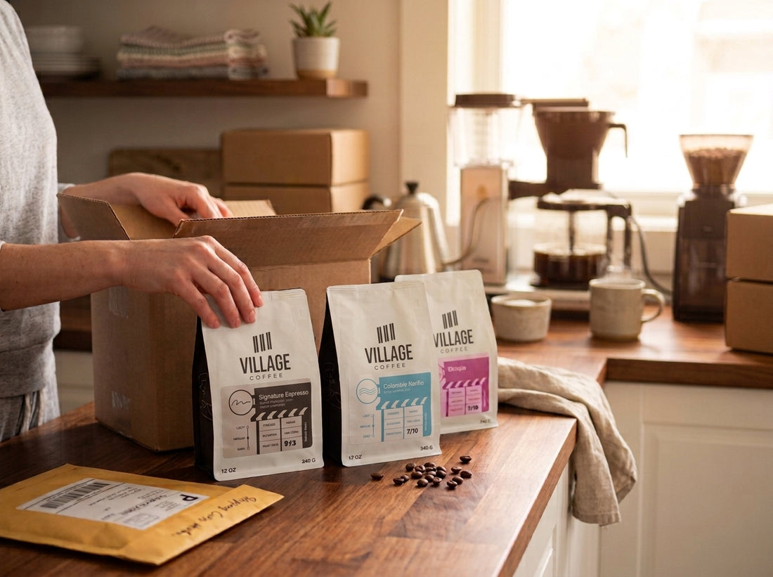 Person unpacking a box of Village Coffee bags in a sunny kitchen